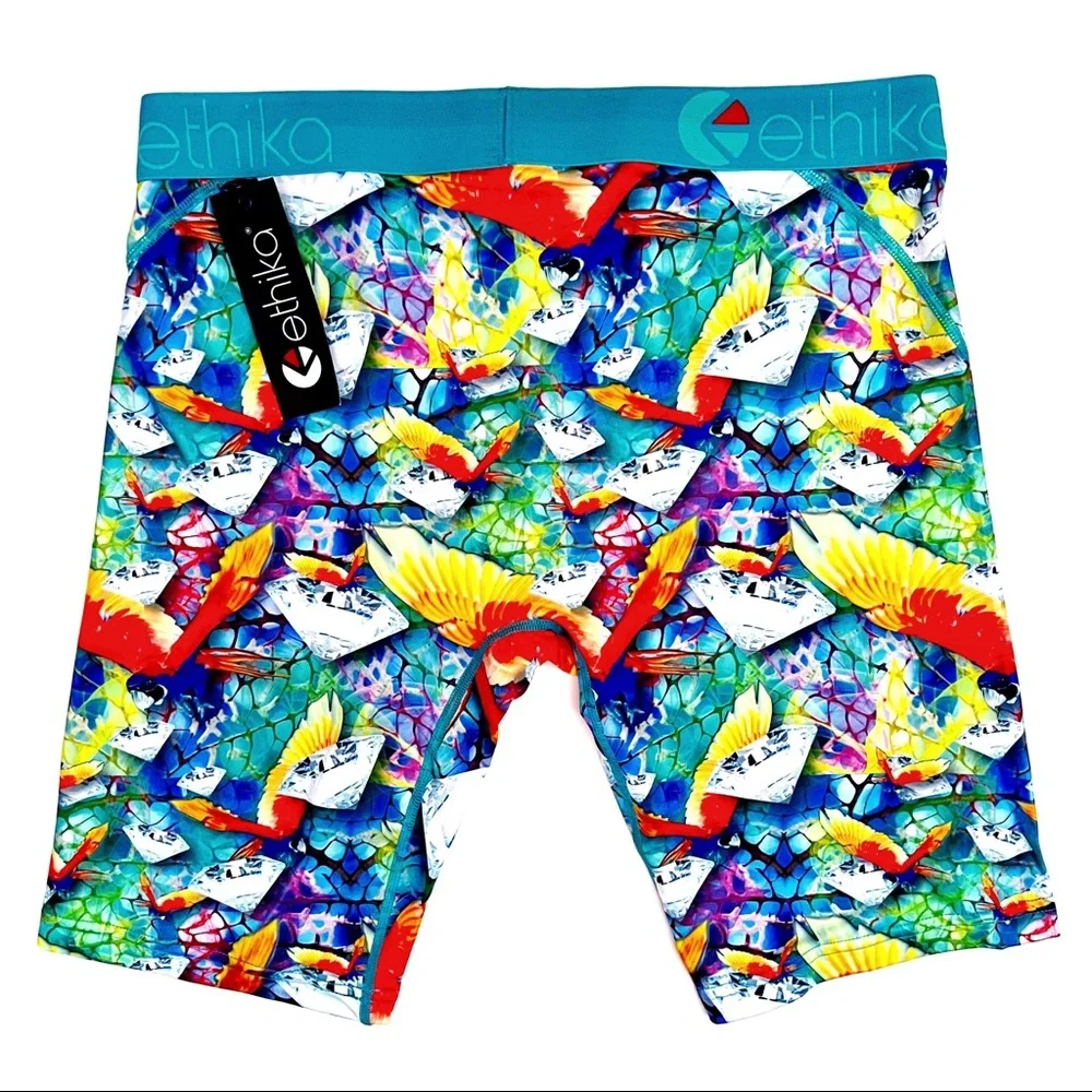 Ethika Boxer Briefs Mens Medium Underwear Tropical Parrot Diamonds Fun Gift